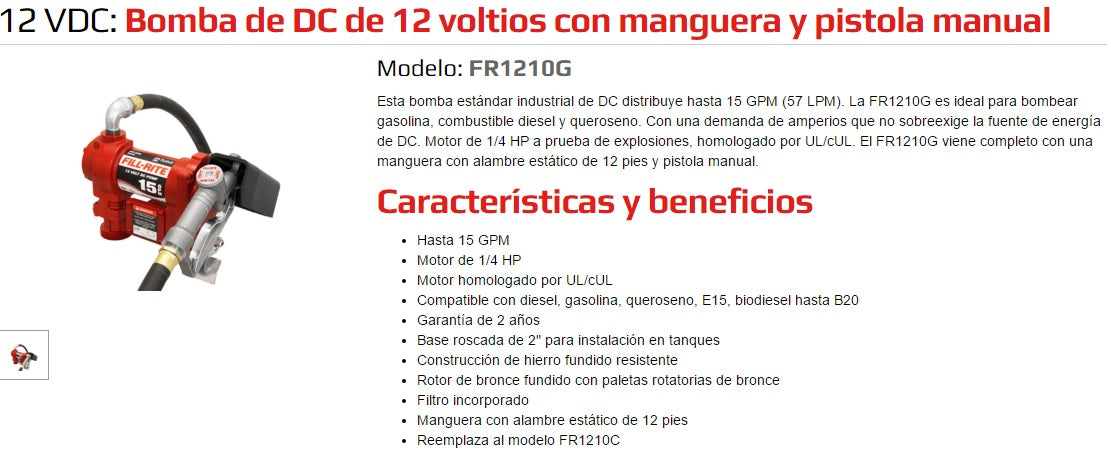 Ficha de productto bomba - FR1210 Fill-Rite