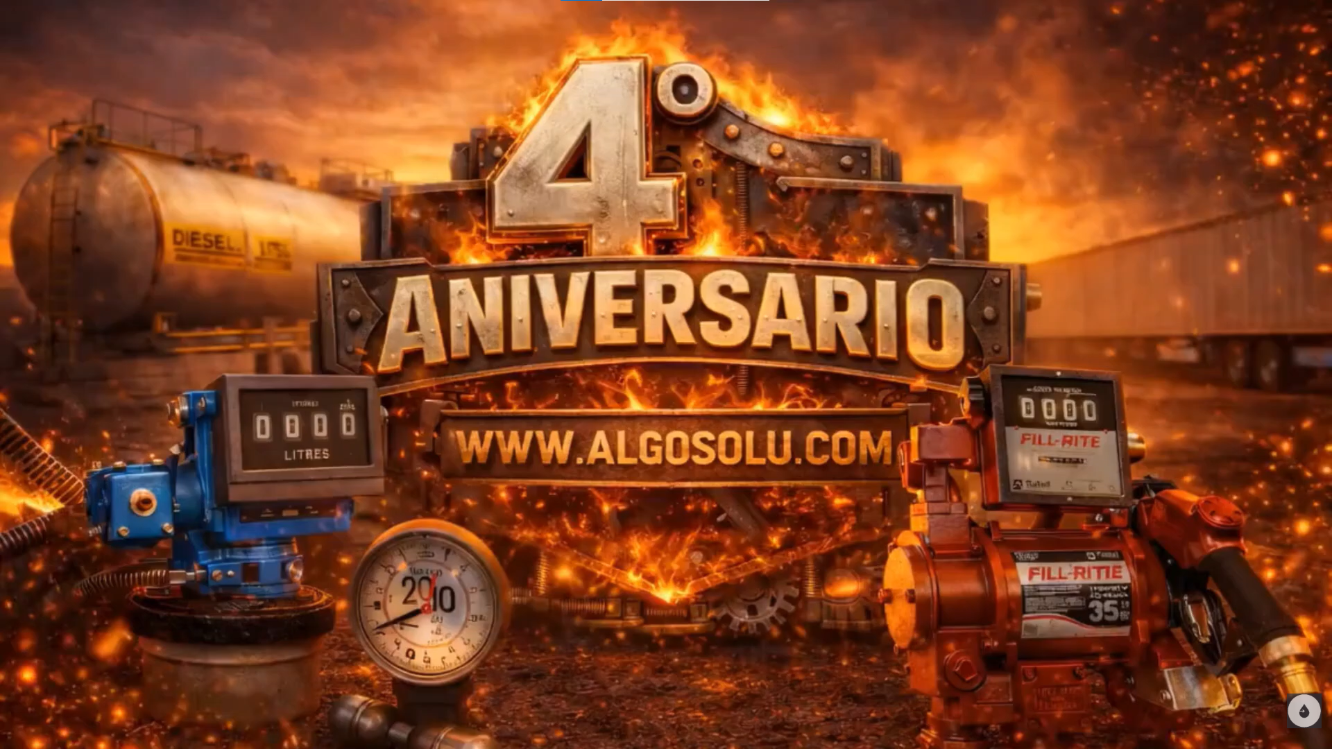 Cargar video: Letrero de 4to Aniversario de AlgoSolu.com en un ambiente industrial todo en llamas